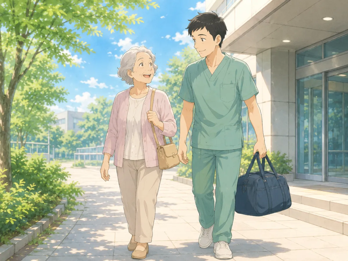 退院する高齢の方の荷物を持って付き添う男性看護師のイラスト