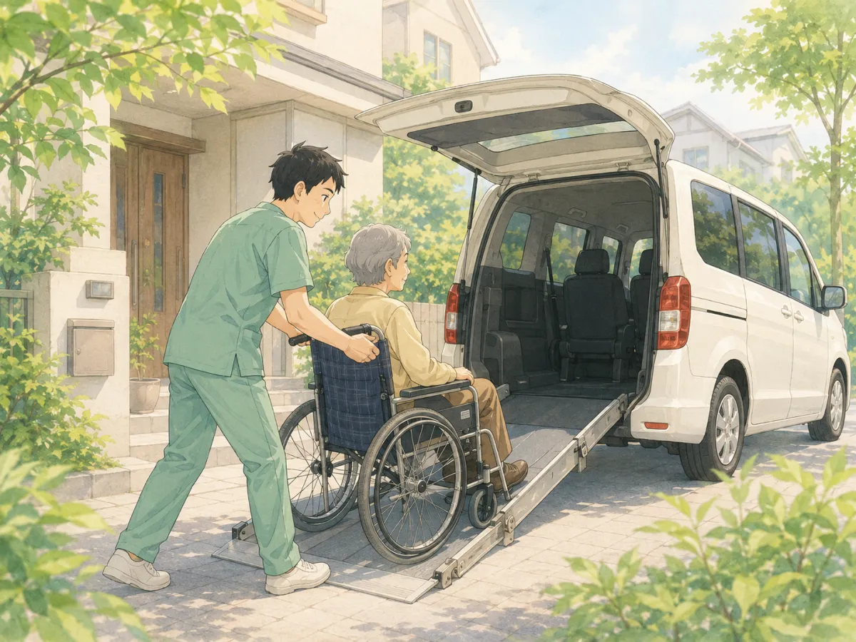 スロープ付きの車いす対応車への乗り降りを介助する男性看護師のイラスト